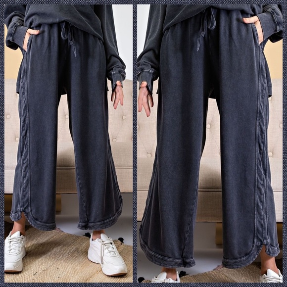 EASEL "So Comfy" Mineral Washed Pants Cotton Terry Side Leg Detail Elastic Waist - Picture 3 of 16